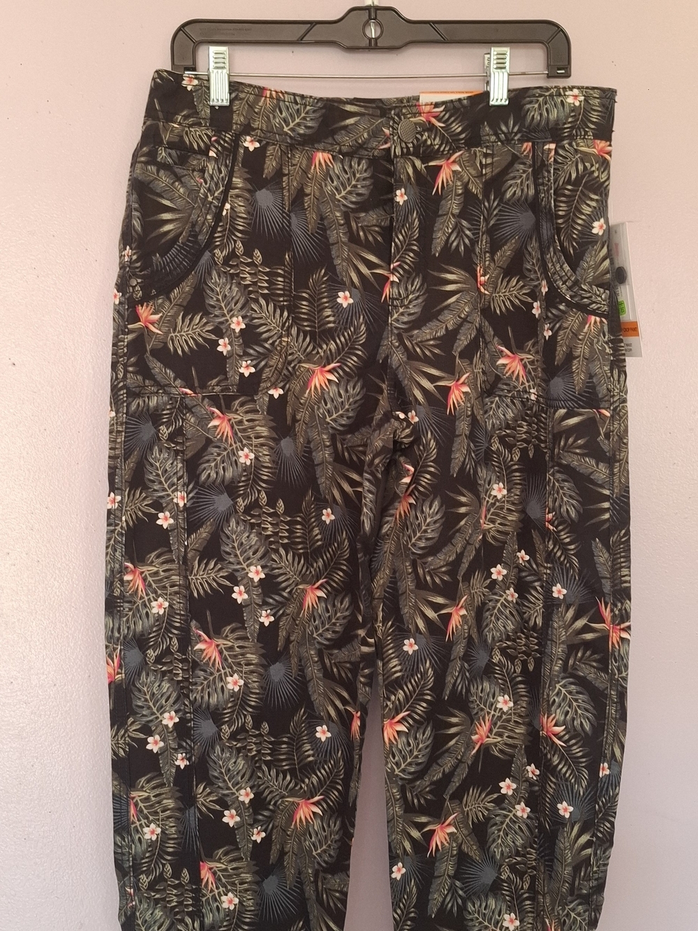 intro. Women's Tropical Ankle Pants in Black with Green and Coral Floral Print